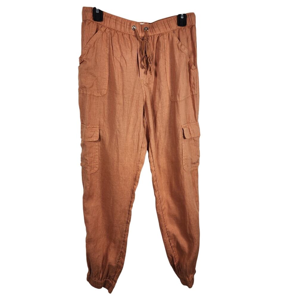 Nicole Miller New York Womens Linen Cargo Jogger Pants Medium Orange Drawstring